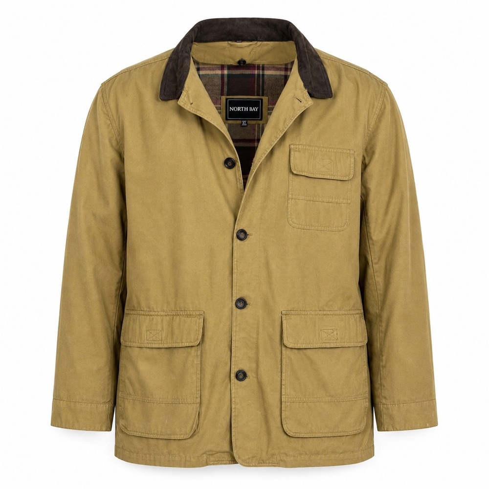 Vintage 90s North Bay Barn Jacket Mens XL Tan Canvas Leather Collar Chore Coat